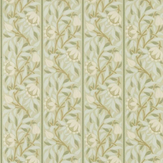 Morris & Co. 217570 The Unfinished Works Peony Trellis Sage - tapeta w roślinny ornament w pasy z peoniami