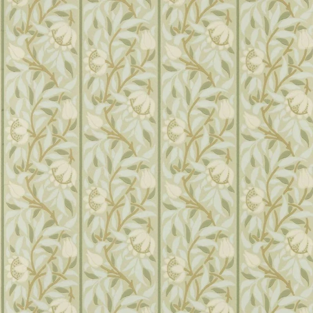Morris & Co. 217570 The Unfinished Works Peony Trellis Sage - tapeta w roślinny ornament w pasy z peoniami