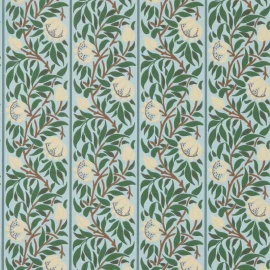 Morris & Co. 217569 The Unfinished Works Peony Trellis Soft Blue/Nettle - tapeta w roślinny ornament w pasy z peoniami