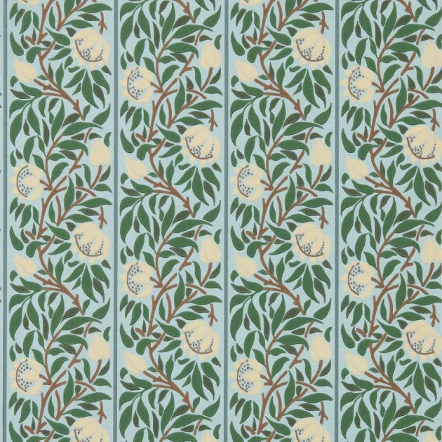 Morris & Co. 217569 The Unfinished Works Peony Trellis Soft Blue/Nettle - tapeta w roślinny ornament w pasy z peoniami