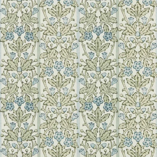 Morris & Co. 217590 The Unfinished Works Oak & Blossom Thyme/Woad - tapeta w roślinny ornament z dębem