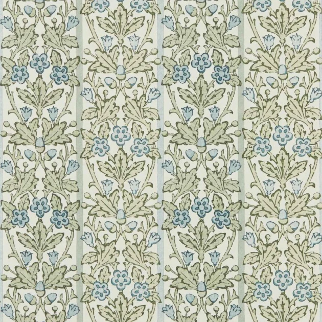 Morris & Co. 217590 The Unfinished Works Oak & Blossom Thyme/Woad - tapeta w roślinny ornament z dębem