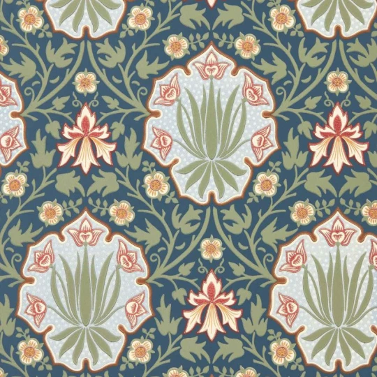 Morris & Co. 217568 The Unfinished Works Iris & Rose Indigo/Thyme - tapeta w roślinny ornament z irysem