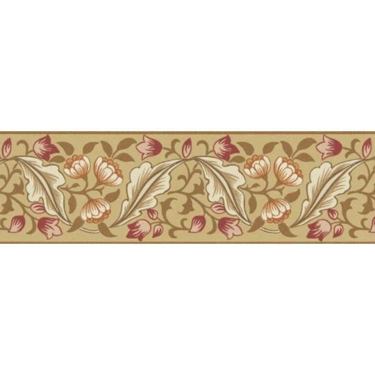 Morris & Co. 217608 The Unfinished Works Bluebell & Peony Gold/Madder - border w roślinny ornament z peonią