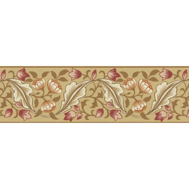 Morris & Co. 217608 The Unfinished Works Bluebell & Peony Gold/Madder - border w roślinny ornament z peonią