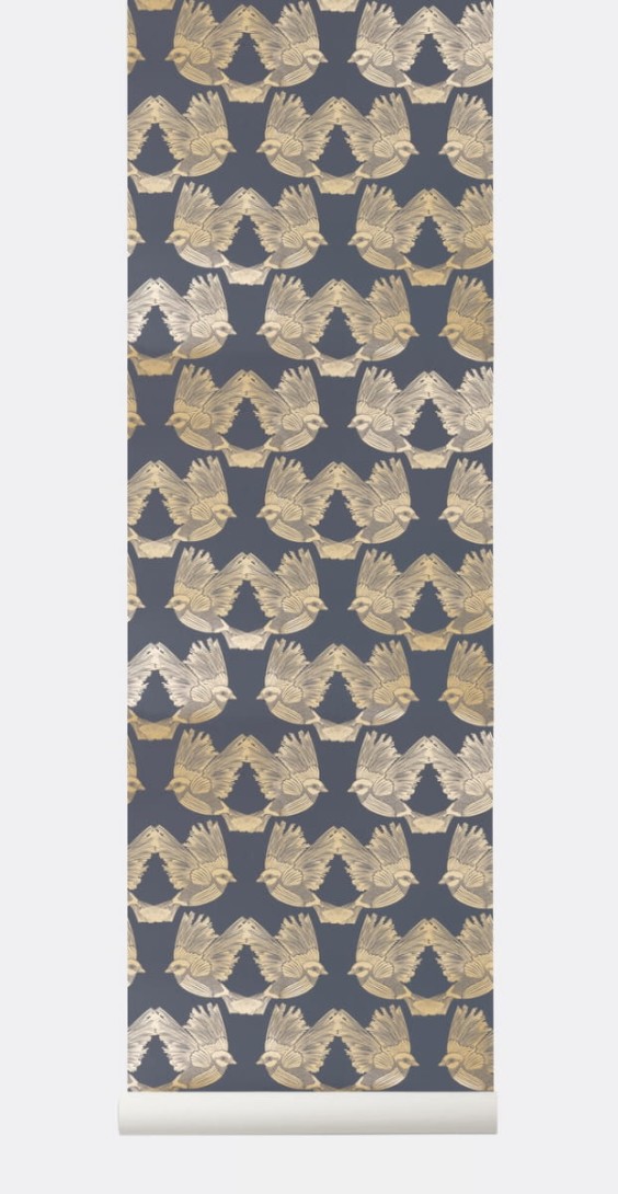 Tapeta Ferm LIVING - Birds Wallpaper - Deep Blue / Gold 182 Ptaki