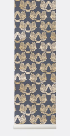 Tapeta Ferm LIVING - Birds Wallpaper - Deep Blue / Gold 182 Ptaki
