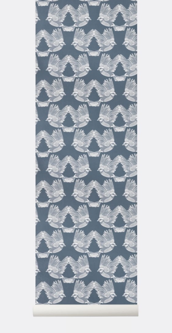 Tapeta Ferm LIVING - Birds Wallpaper - Dark Green / Off-white 183 Ptaki