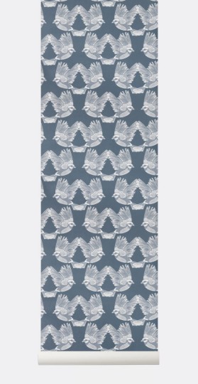 Tapeta Ferm LIVING - Birds Wallpaper - Dark Green / Off-white 183 Ptaki