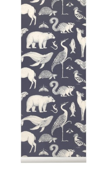 Ferm Living 100235403 Katie Scott Animals Dark Blue  - tapeta zwierzątka