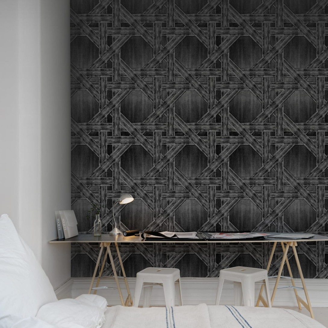Rebel Walls R13562 Spectrum Denim Trellis Black - mural w jeansową kratkę