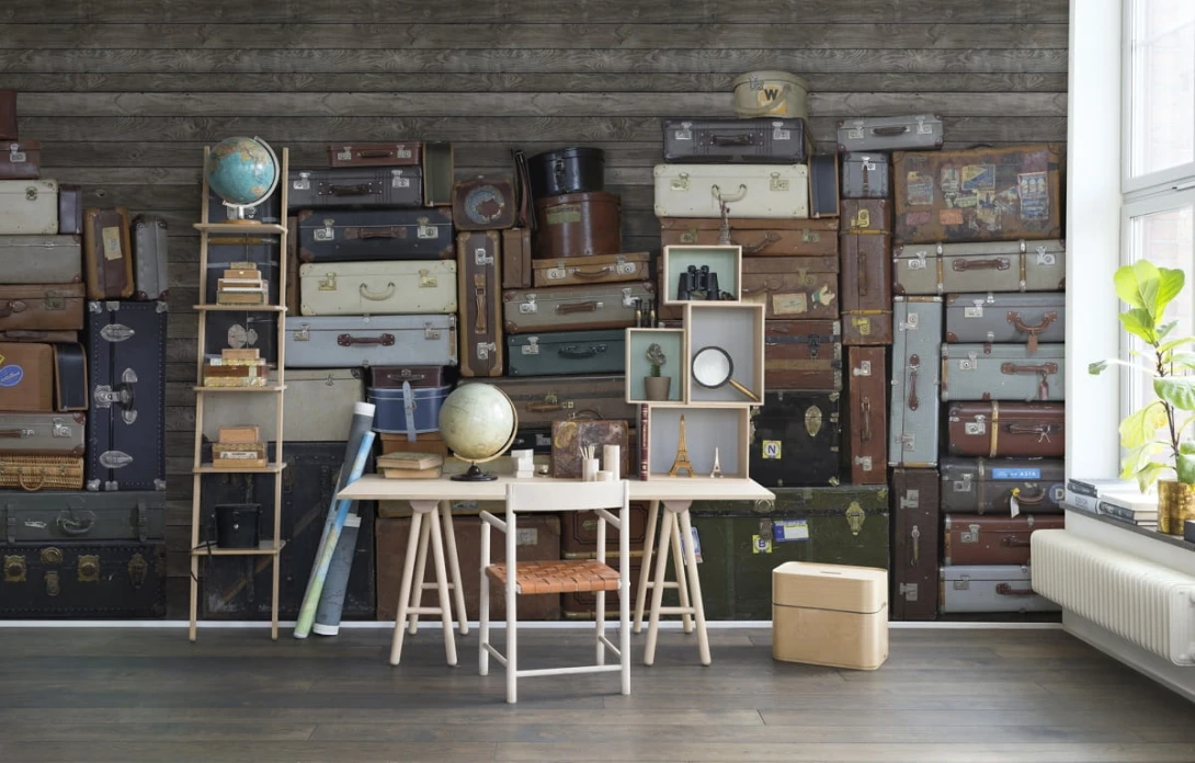 Rebel Walls R14062 Passion Stacked Suitcases Heap - mural imitujący drewniane deski