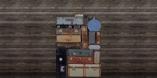 Rebel Walls R14063 Passion Stacked Suitcases Pile - mural imitujący drewniane deski
