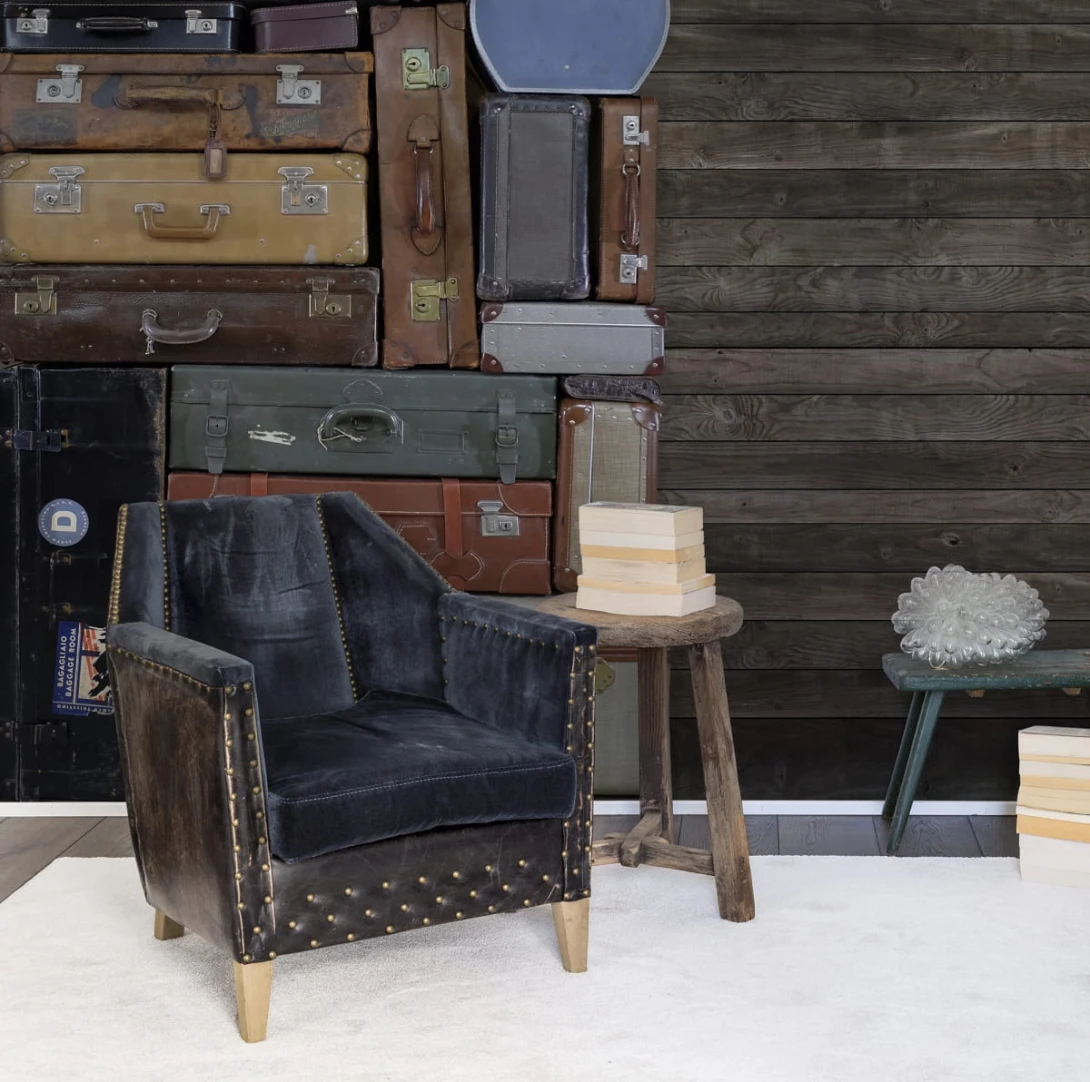 Rebel Walls R14063 Passion Stacked Suitcases Pile - mural imitujący drewniane deski
