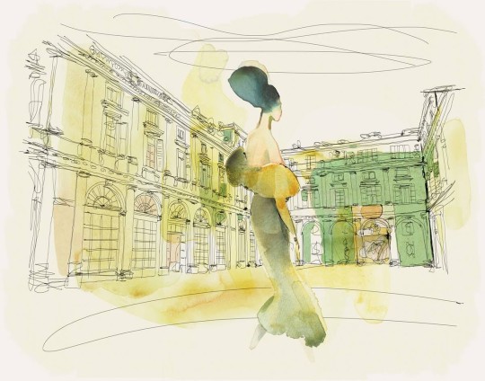 Fototapeta Wallpepper Watercolor and Palazzo Serbelloni, woman in style