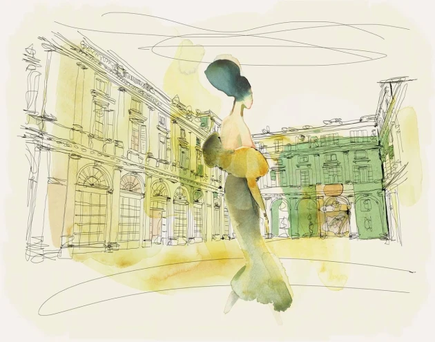 Fototapeta Wallpepper Watercolor and Palazzo Serbelloni, woman in style