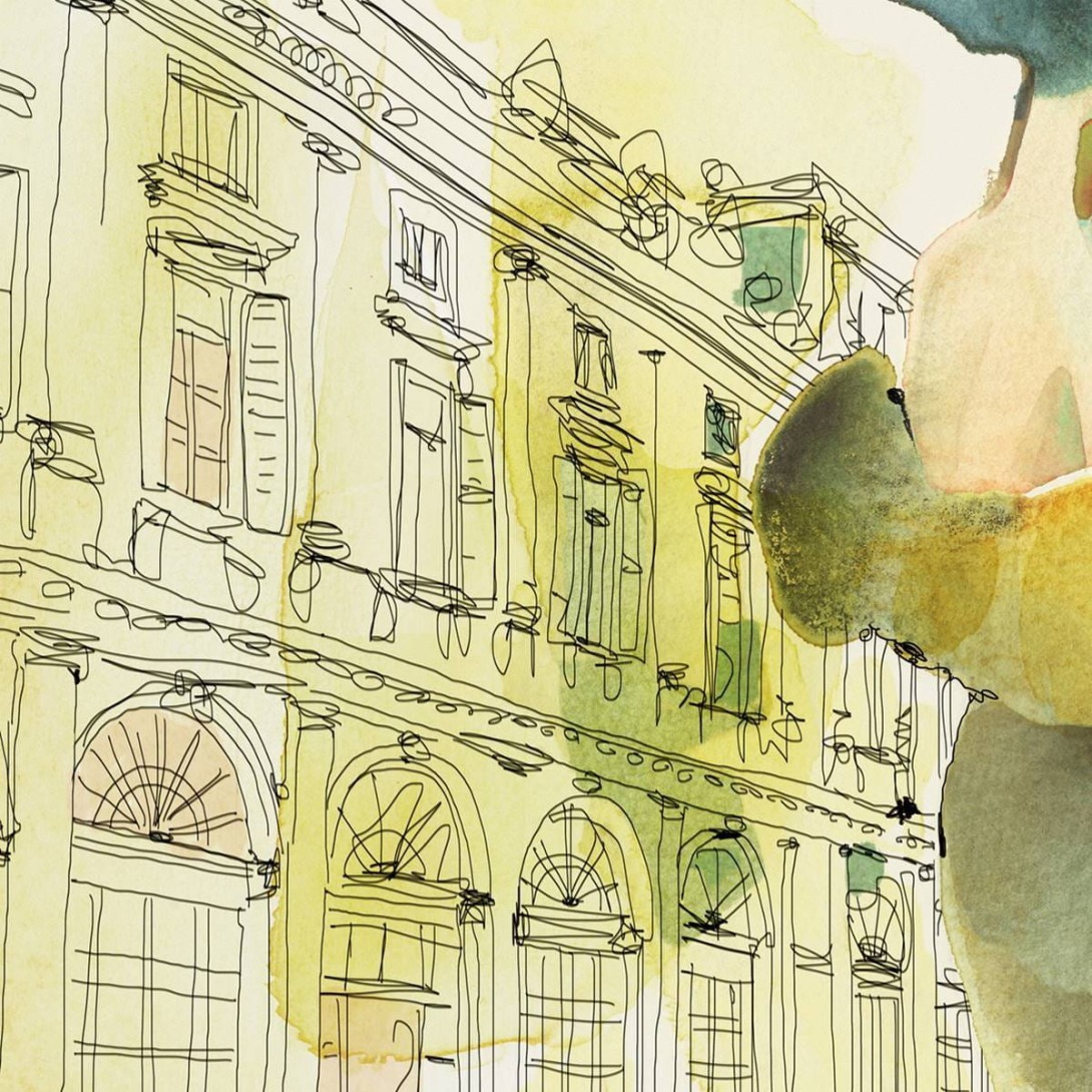 Fototapeta Wallpepper Watercolor and Palazzo Serbelloni, woman in style