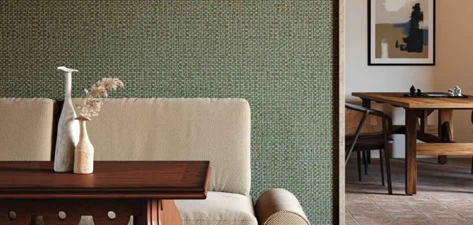 Tapety imitujące naturalne materiały w salonie