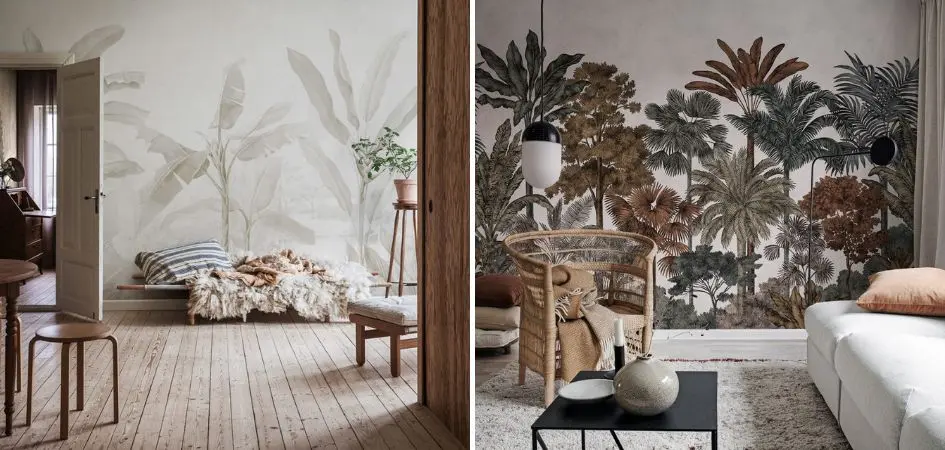 Tapeta dżungla, tropikalne tapety w salonie inspiracje