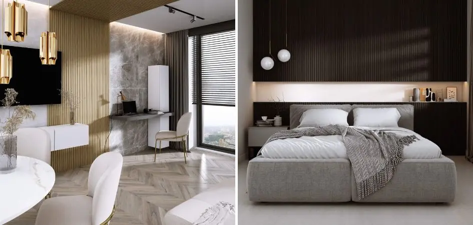 Połączenie sztukaterii, tapety i lameli. jednym wnętrzu