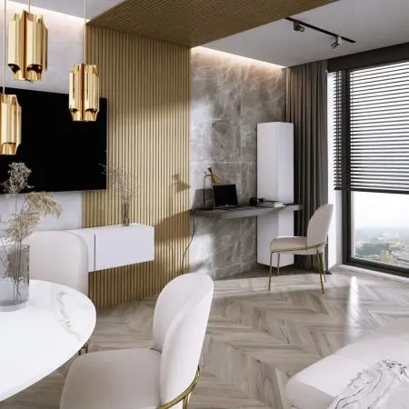 Nowoczesne połączenia: tapeta, sztukateria i lamele w jednym wnętrzu